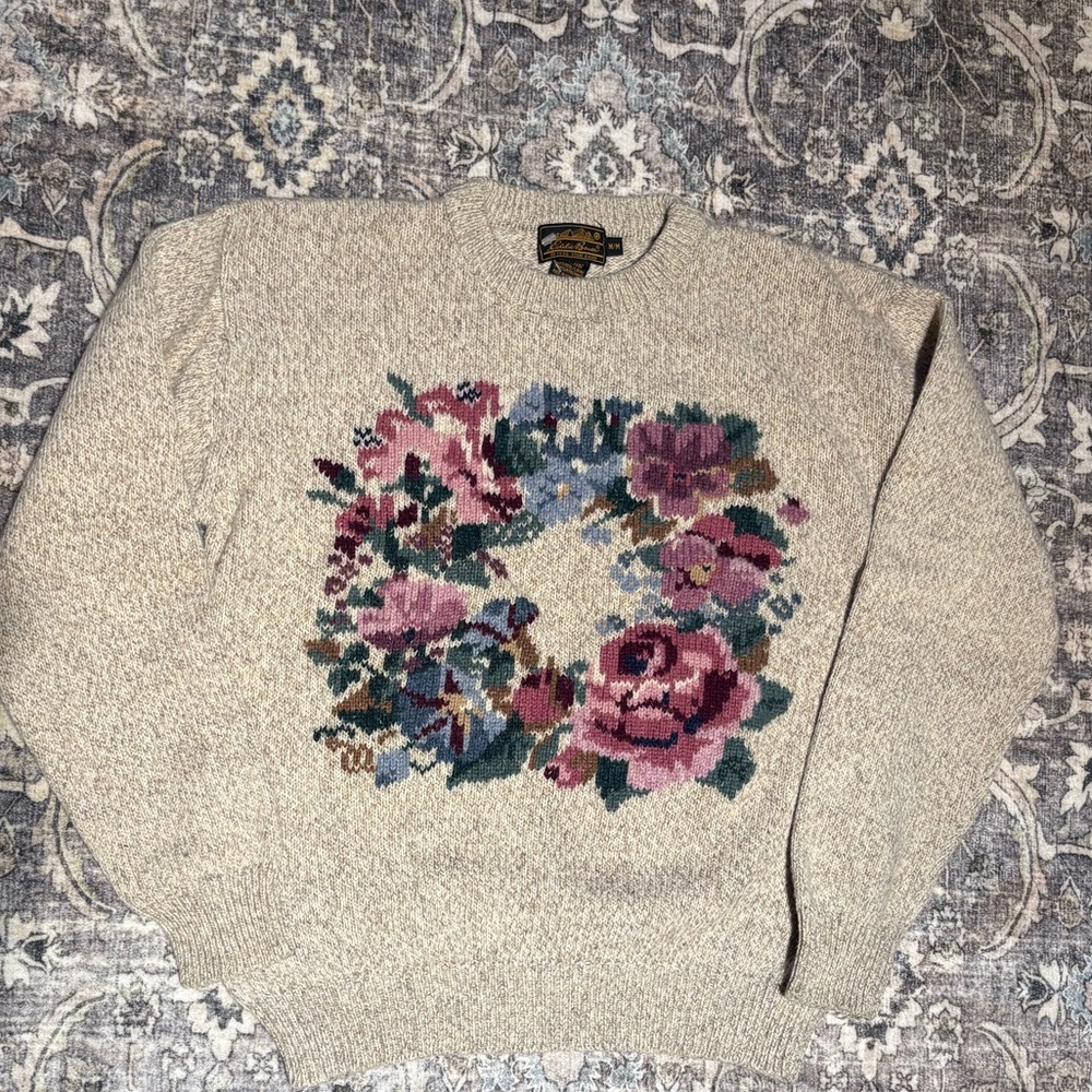 Vintage Eddie Bauers Floral Knit Sweater - Cream with Pink and Blue Accents